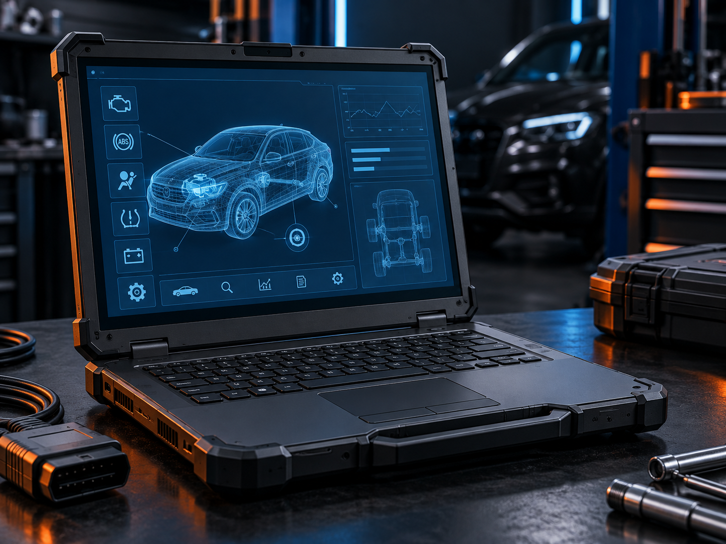 Stație profesională de diagnoză auto într-un atelier modern